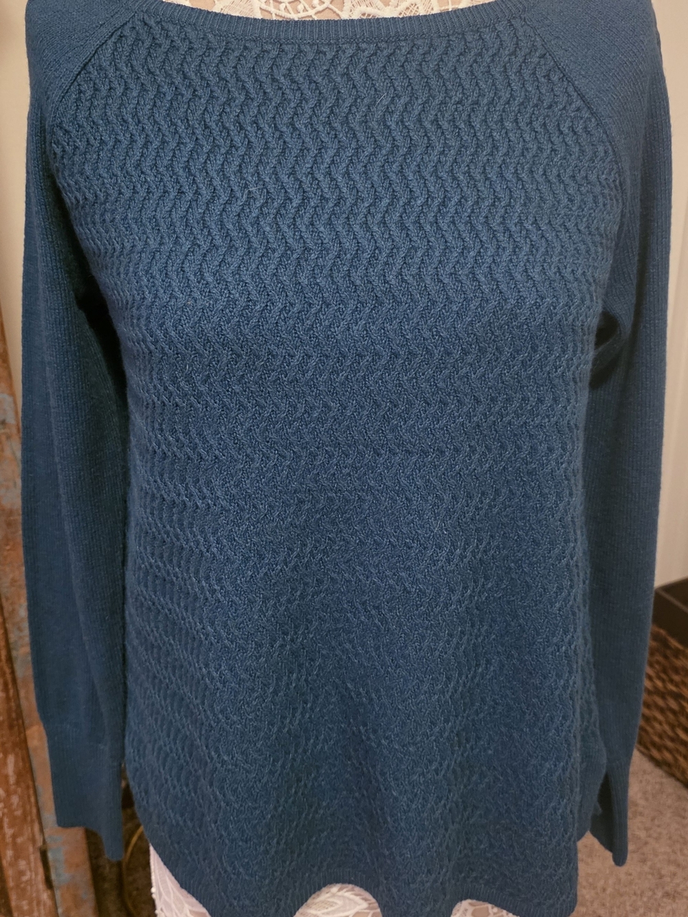 LOFT Teal Crewneck Cable Knit Pullover